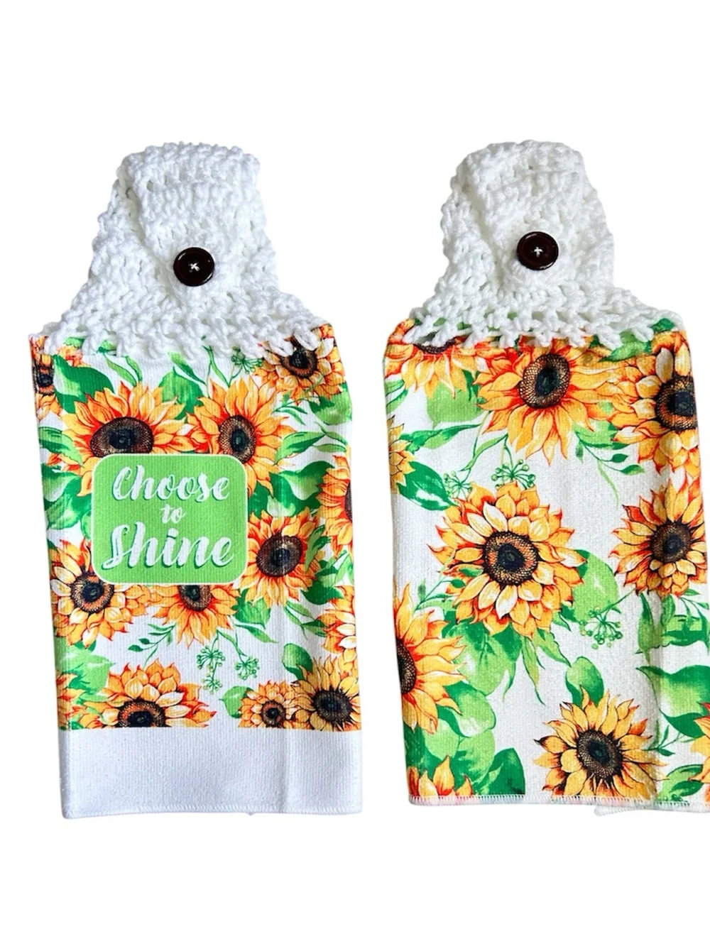 Hand Crafted Sunflower Hanging Kitchen Towels - White, Yellow & Green